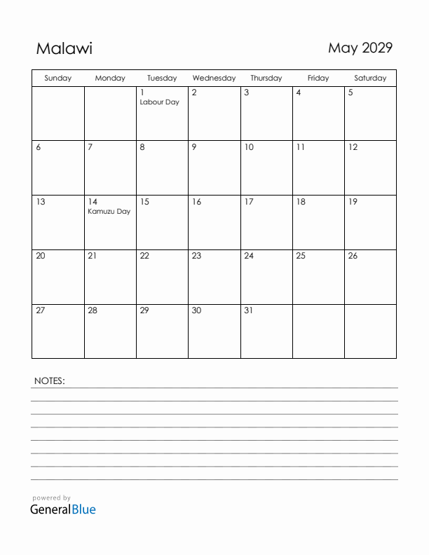 May 2029 Malawi Calendar with Holidays (Sunday Start)