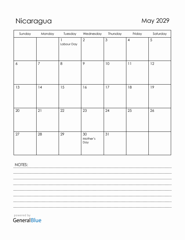 May 2029 Nicaragua Calendar with Holidays (Sunday Start)