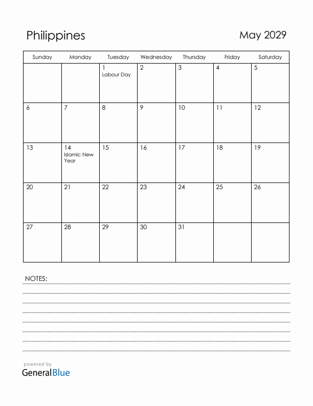 May 2029 Philippines Calendar with Holidays (Sunday Start)