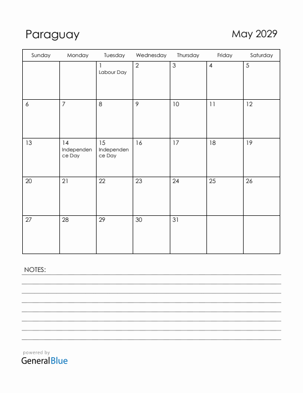 May 2029 Paraguay Calendar with Holidays (Sunday Start)