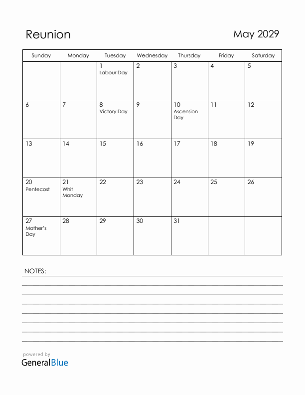 May 2029 Reunion Calendar with Holidays (Sunday Start)