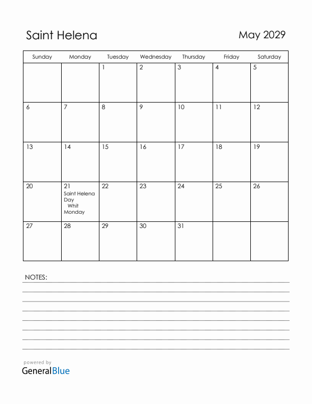 May 2029 Saint Helena Calendar with Holidays (Sunday Start)