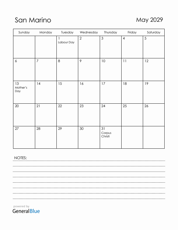 May 2029 San Marino Calendar with Holidays (Sunday Start)