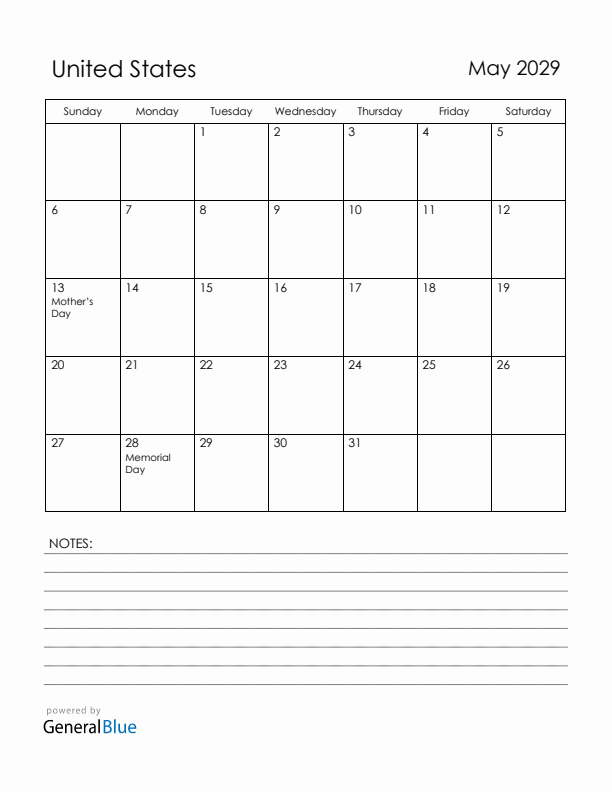 May 2029 United States Calendar with Holidays (Sunday Start)