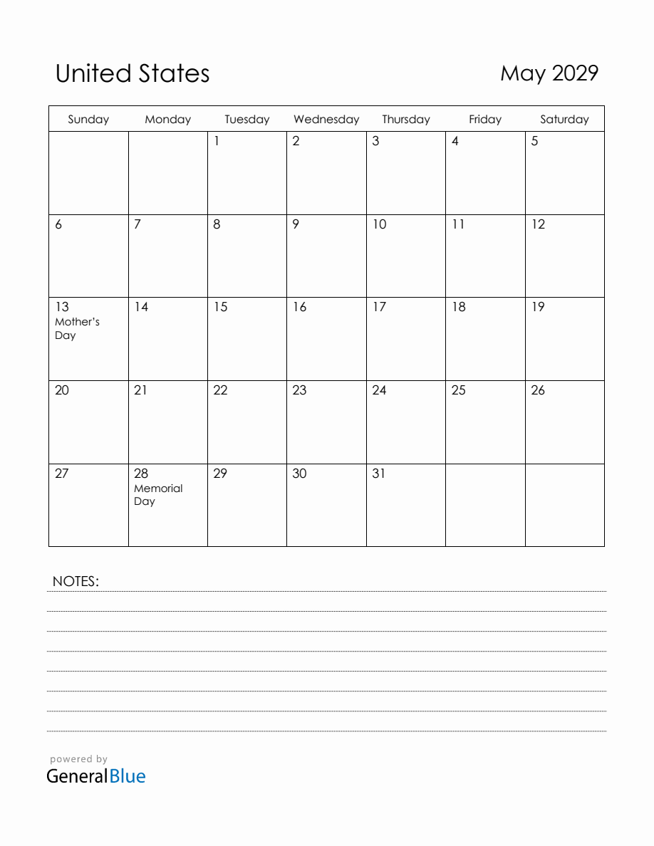May 2029 United States Calendar with Holidays