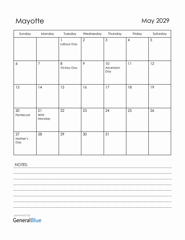 May 2029 Mayotte Calendar with Holidays (Sunday Start)