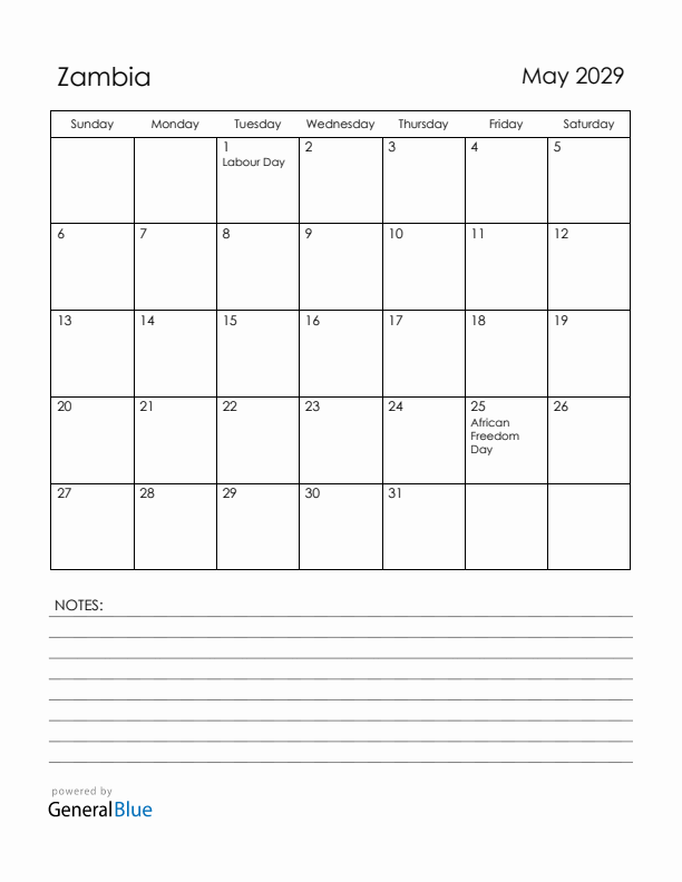 May 2029 Zambia Calendar with Holidays (Sunday Start)