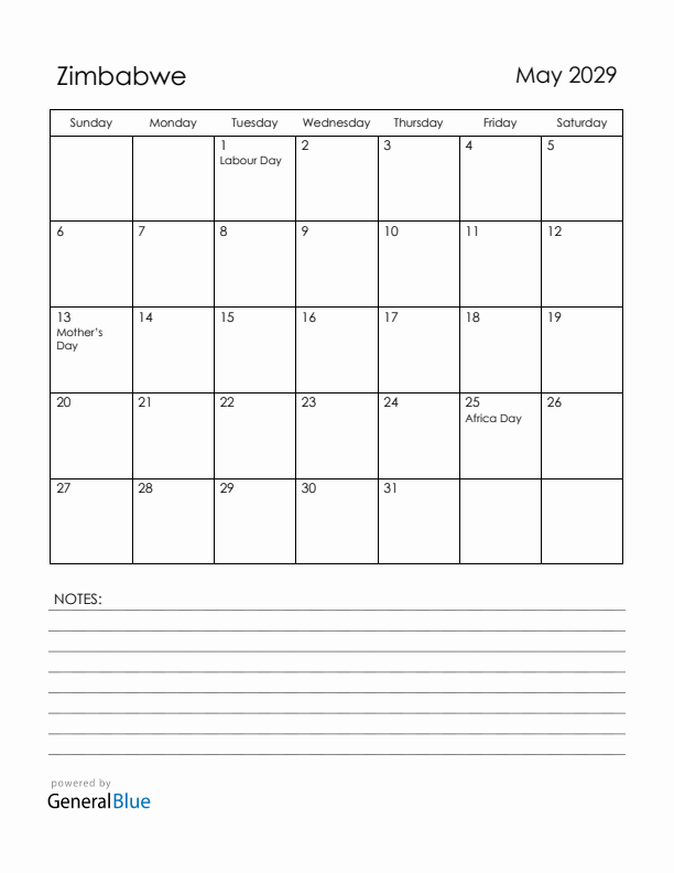 May 2029 Zimbabwe Calendar with Holidays (Sunday Start)