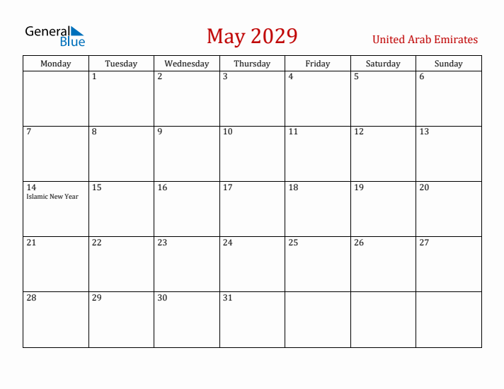 United Arab Emirates May 2029 Calendar - Monday Start