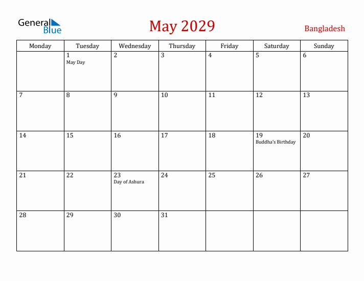 Bangladesh May 2029 Calendar - Monday Start