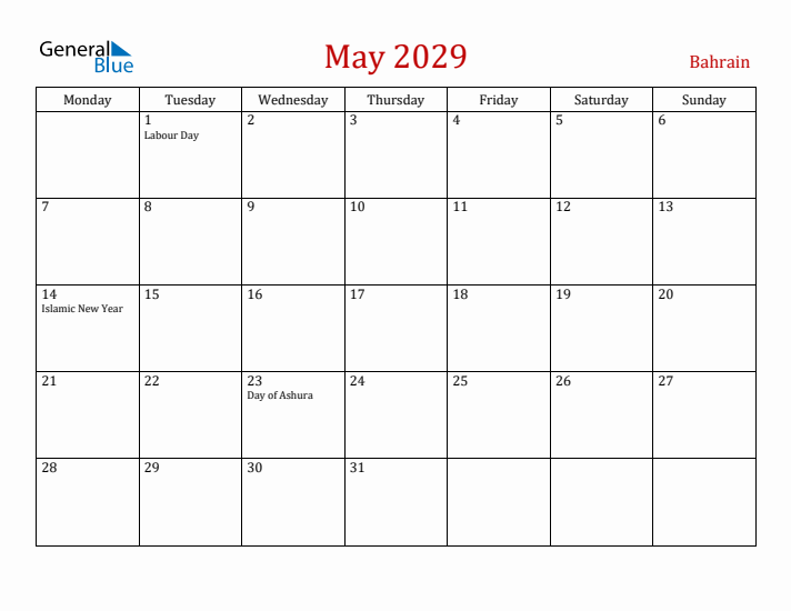 Bahrain May 2029 Calendar - Monday Start
