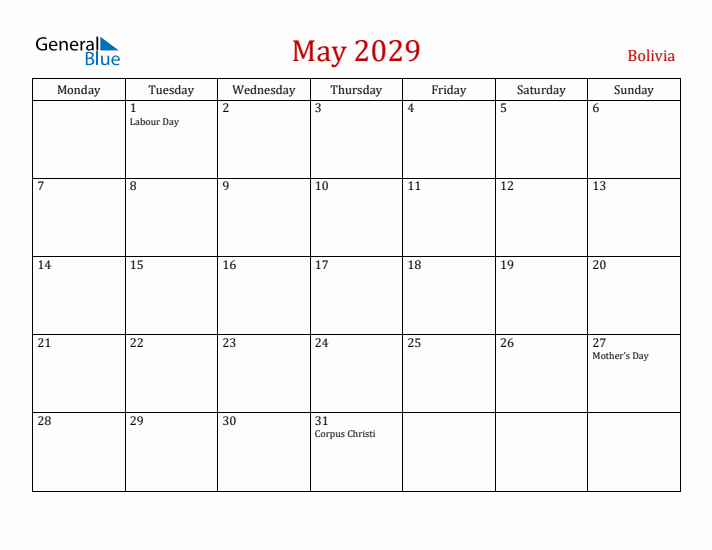 Bolivia May 2029 Calendar - Monday Start