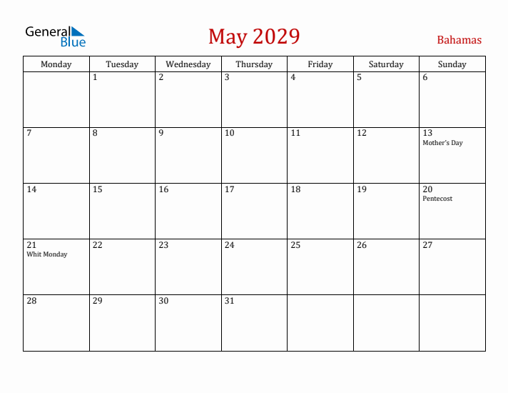 Bahamas May 2029 Calendar - Monday Start