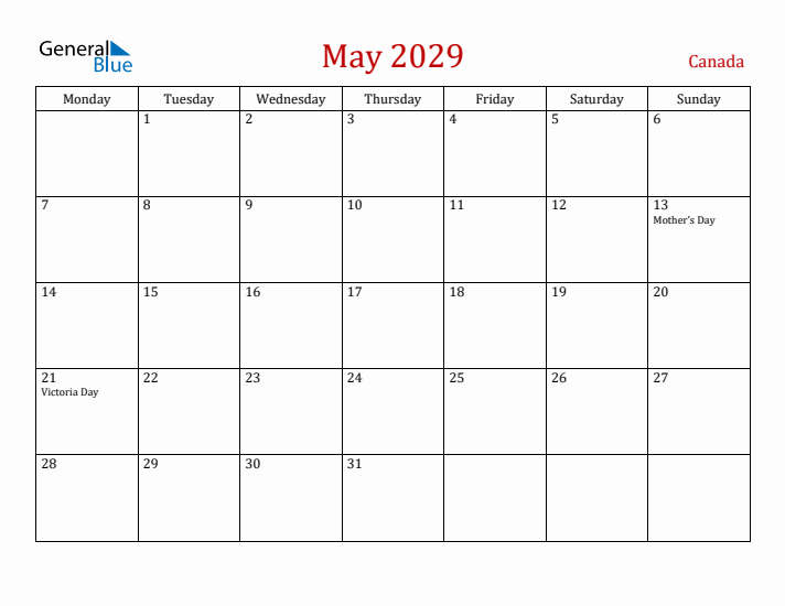 Canada May 2029 Calendar - Monday Start