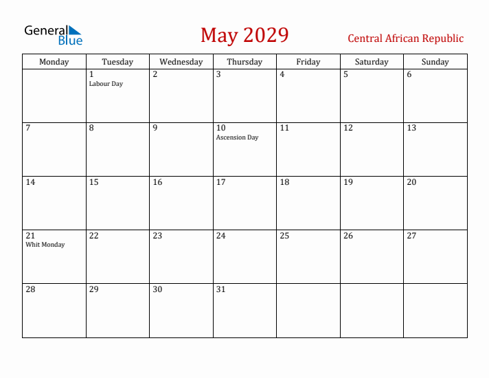 Central African Republic May 2029 Calendar - Monday Start