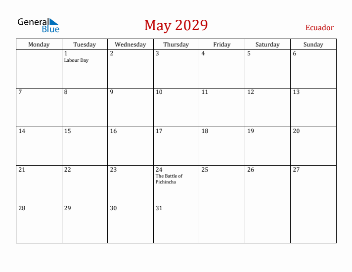 Ecuador May 2029 Calendar - Monday Start