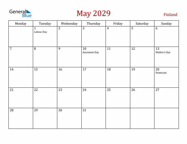 Finland May 2029 Calendar - Monday Start