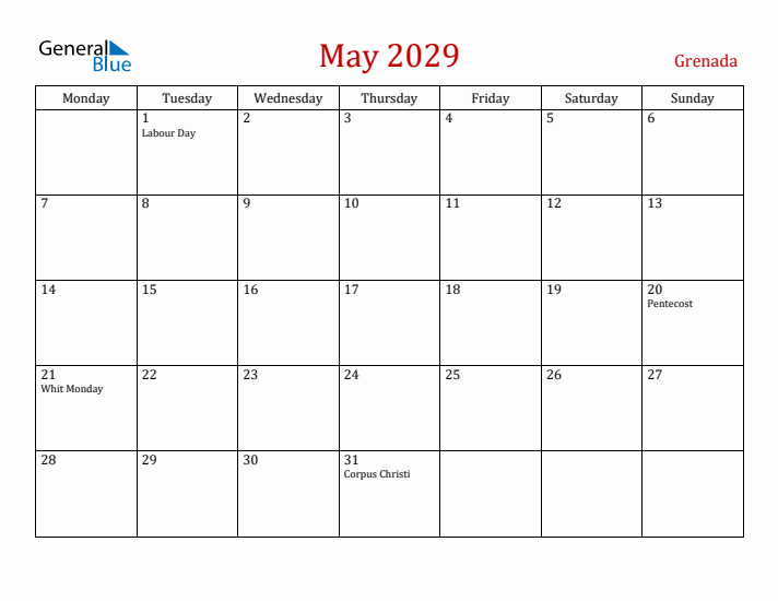 Grenada May 2029 Calendar - Monday Start