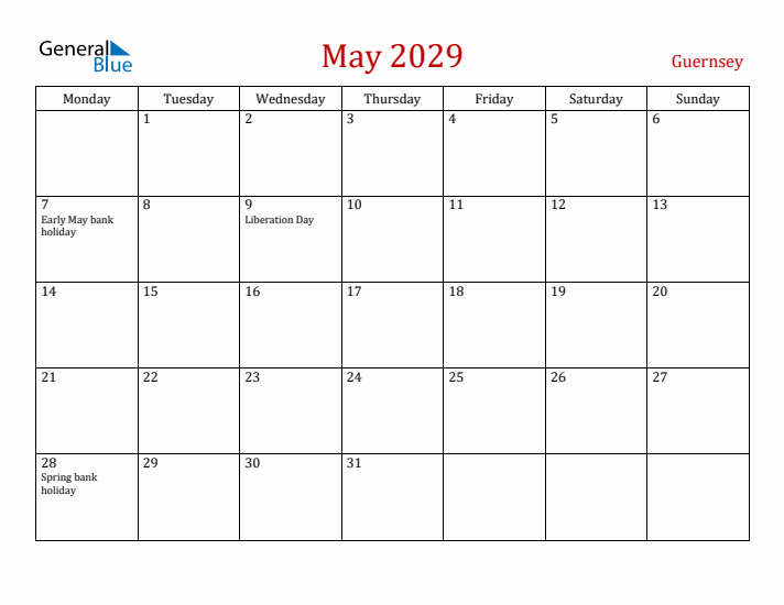 Guernsey May 2029 Calendar - Monday Start