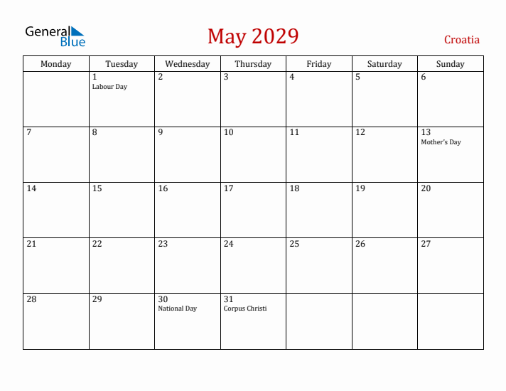 Croatia May 2029 Calendar - Monday Start