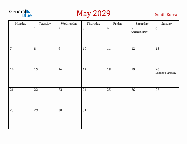 South Korea May 2029 Calendar - Monday Start