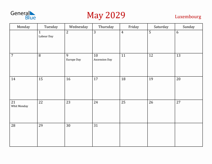 Luxembourg May 2029 Calendar - Monday Start