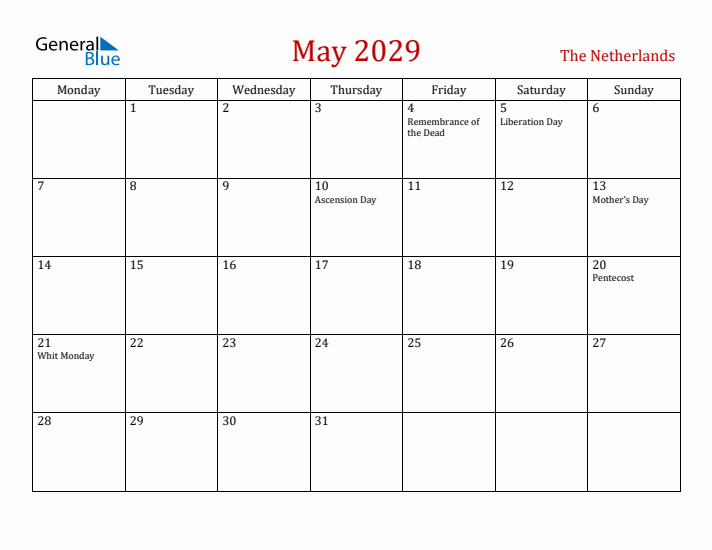 The Netherlands May 2029 Calendar - Monday Start
