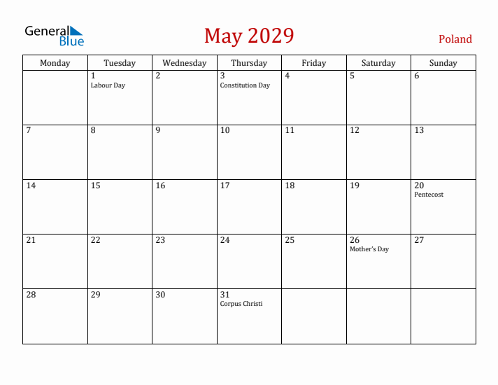 Poland May 2029 Calendar - Monday Start