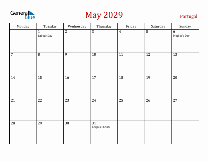 Portugal May 2029 Calendar - Monday Start