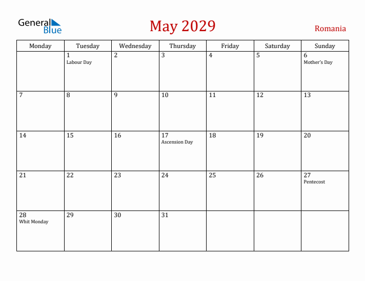 Romania May 2029 Calendar - Monday Start