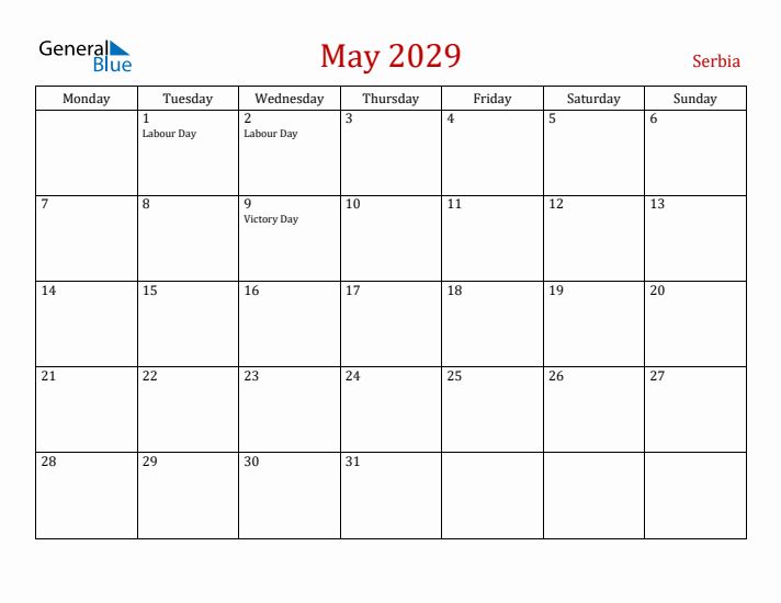 Serbia May 2029 Calendar - Monday Start