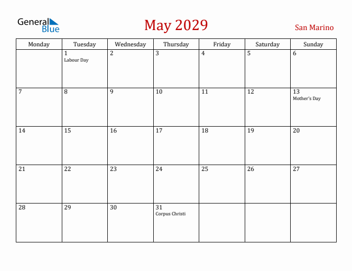 San Marino May 2029 Calendar - Monday Start