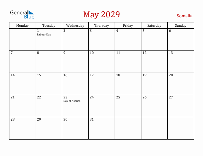 Somalia May 2029 Calendar - Monday Start