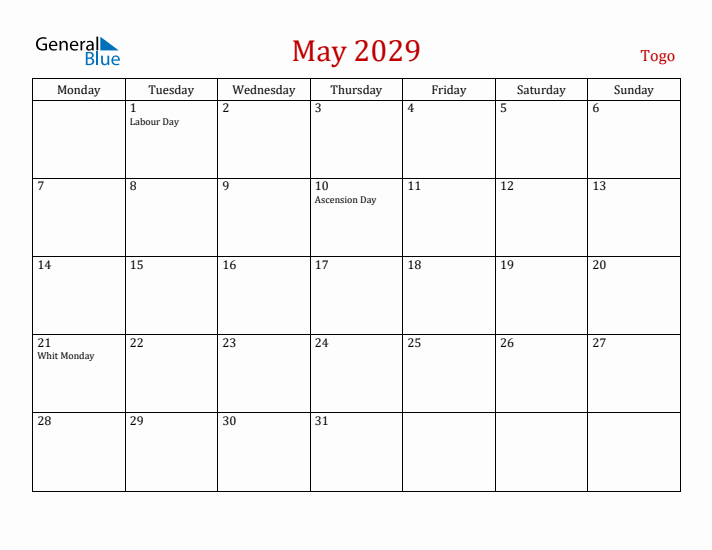 Togo May 2029 Calendar - Monday Start