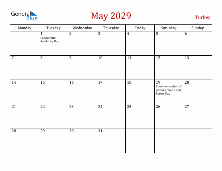 Turkey May 2029 Calendar - Monday Start