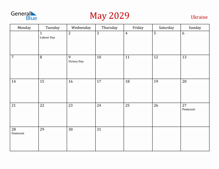 Ukraine May 2029 Calendar - Monday Start