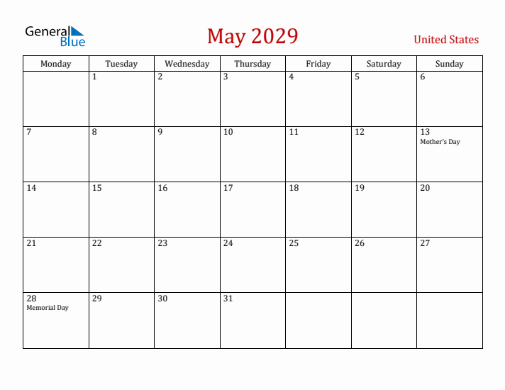 United States May 2029 Calendar - Monday Start