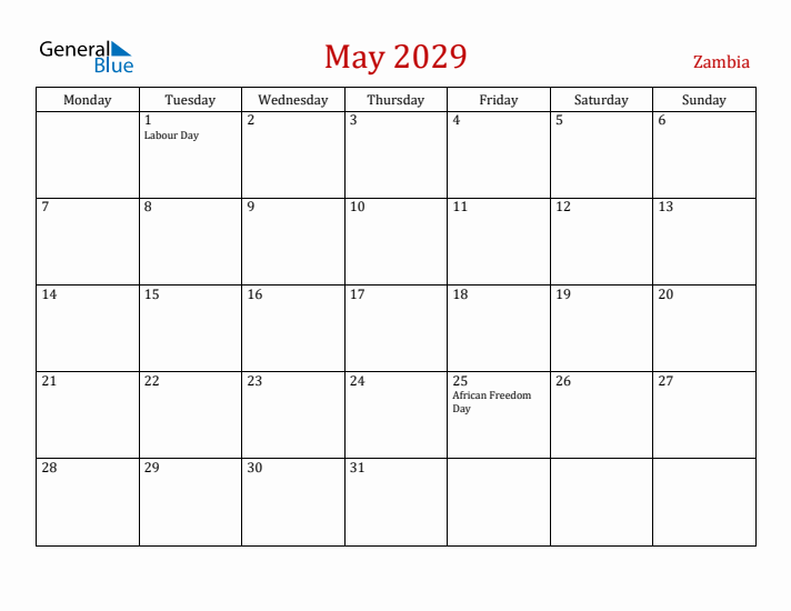 Zambia May 2029 Calendar - Monday Start