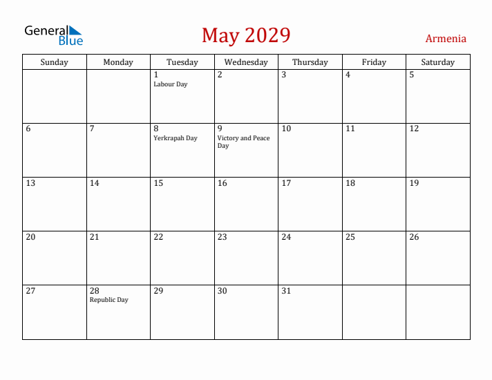 Armenia May 2029 Calendar - Sunday Start