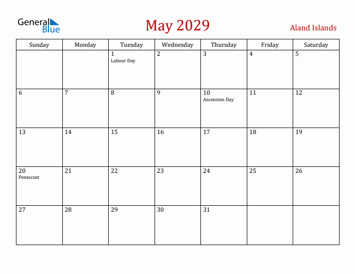 Aland Islands May 2029 Calendar - Sunday Start
