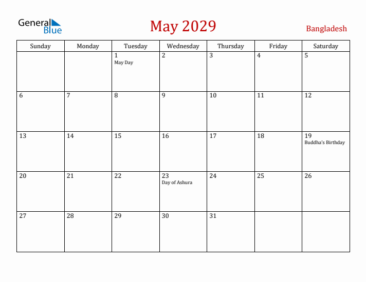 Bangladesh May 2029 Calendar - Sunday Start