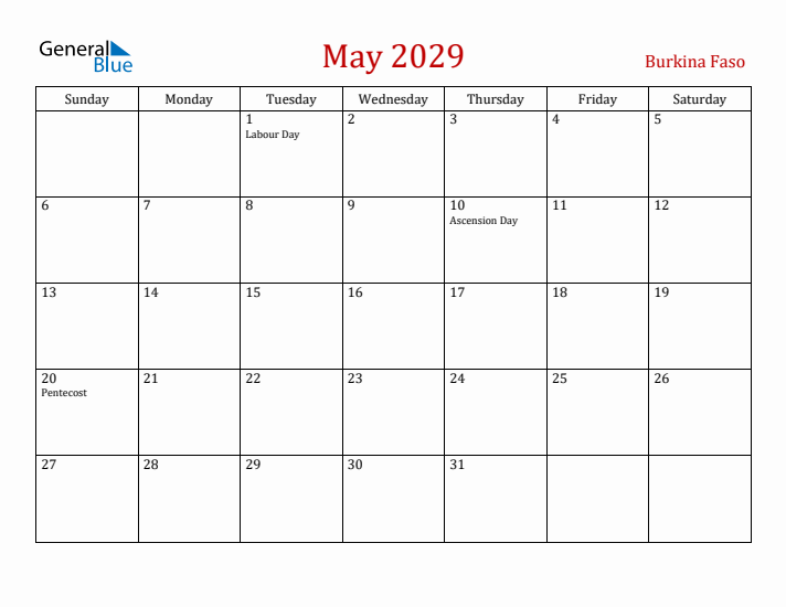 Burkina Faso May 2029 Calendar - Sunday Start