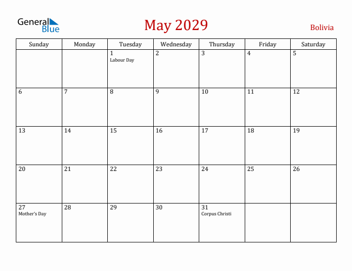 Bolivia May 2029 Calendar - Sunday Start