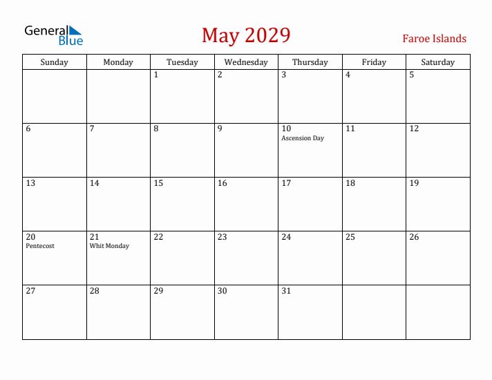 Faroe Islands May 2029 Calendar - Sunday Start