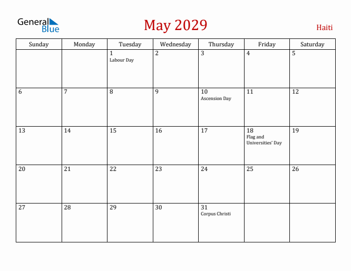 Haiti May 2029 Calendar - Sunday Start