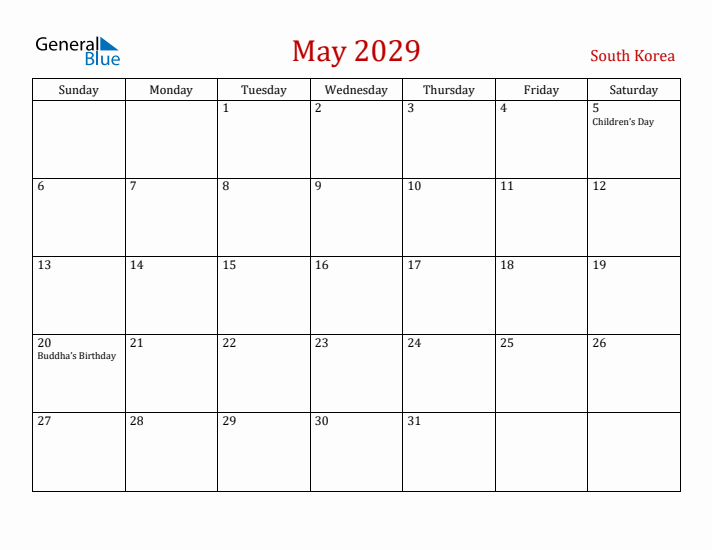 South Korea May 2029 Calendar - Sunday Start