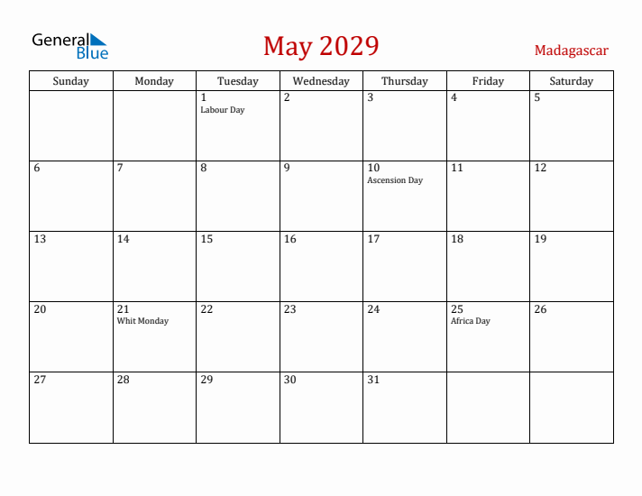 Madagascar May 2029 Calendar - Sunday Start