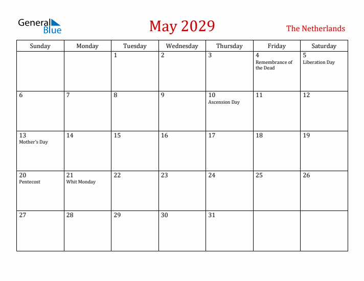The Netherlands May 2029 Calendar - Sunday Start