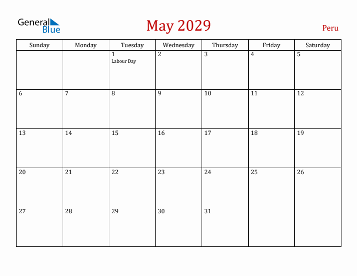 Peru May 2029 Calendar - Sunday Start