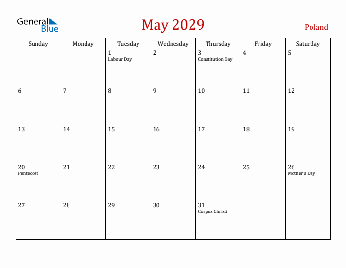 Poland May 2029 Calendar - Sunday Start